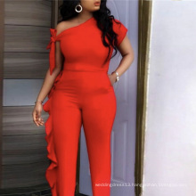 Plus Size Slim One Shoulder Ruffles Red Girl Jumpsuits for Party 2020